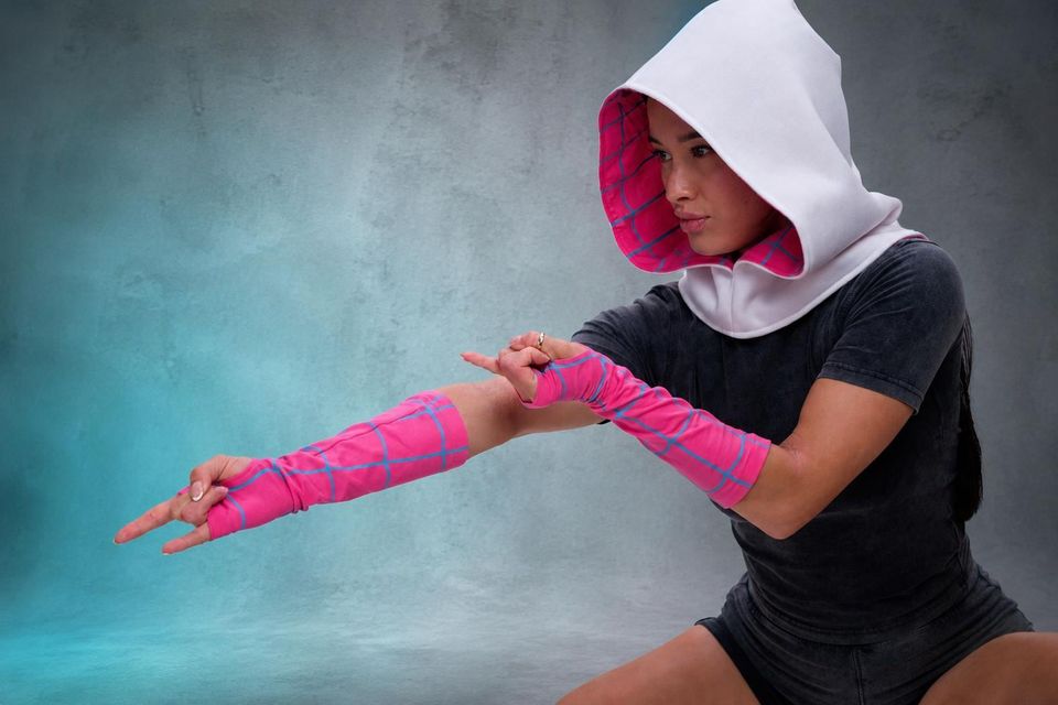 Gwen Hood and Gloves Costume Cosplay Mask Cape Cloak Hoodie Into Across Spider Girl Super Hero Armor Prop Suit Jumpsuit Leggings