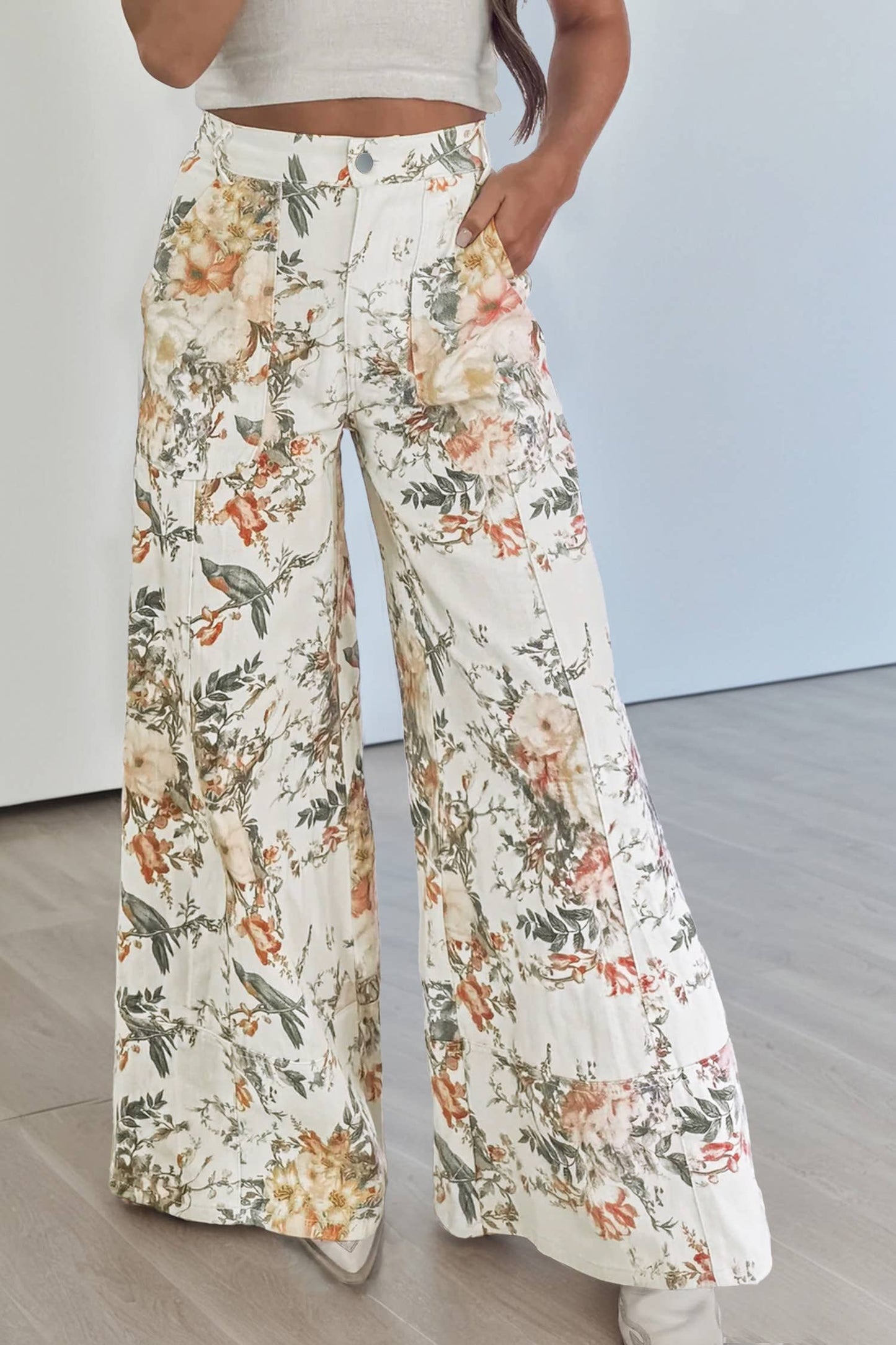 Floral Print High Waisted Wide Leg Denim Jeans