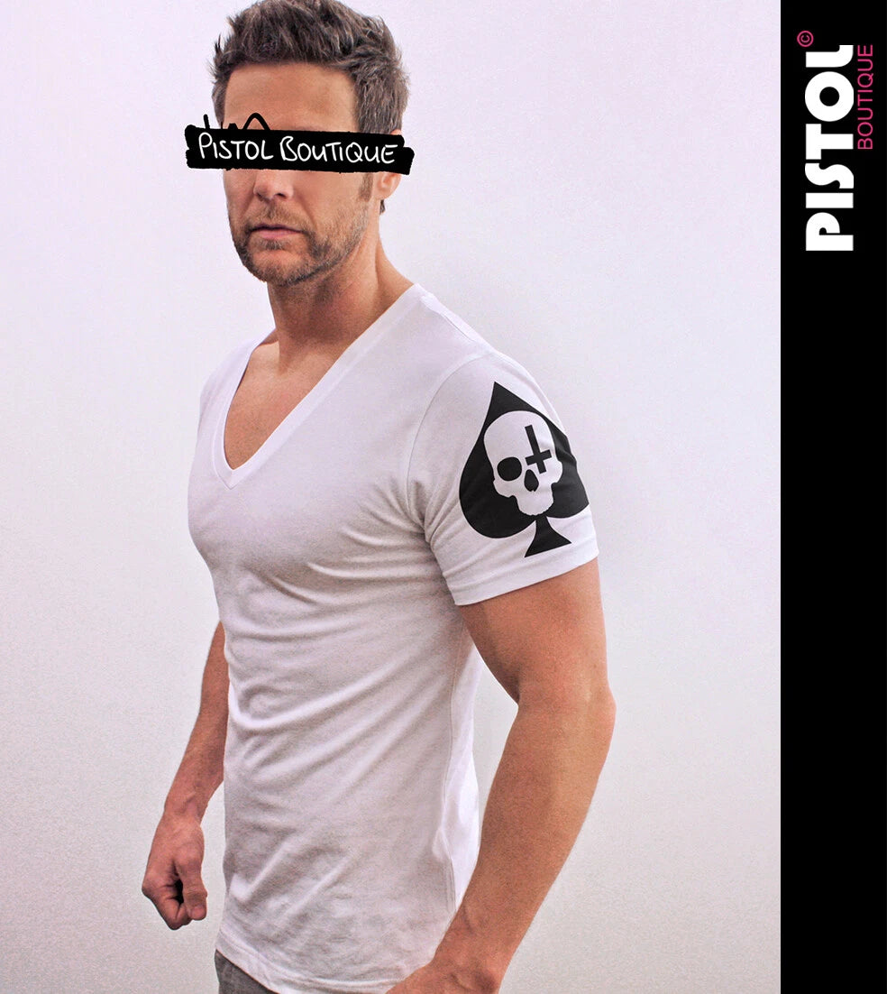 Pistol Boutique Men's Fitted White Deep V neck Sleeve SKULL ACE SPADES T-shirt