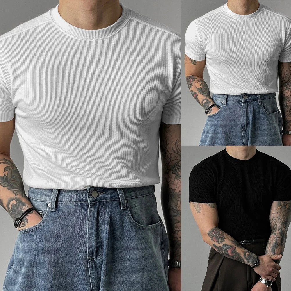 Men Fitness Tee Ribbed Texture Slim Fit Elastic Stretch 95%Polyester+5%Spandex
