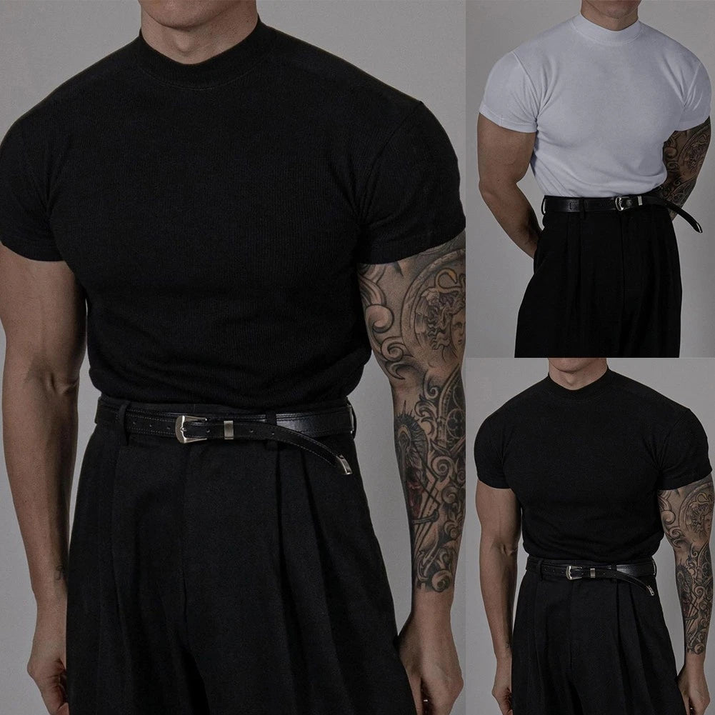 Men Slim Fit High Collar Stripe Short Sleeve Fitness TShirt Elastic Top