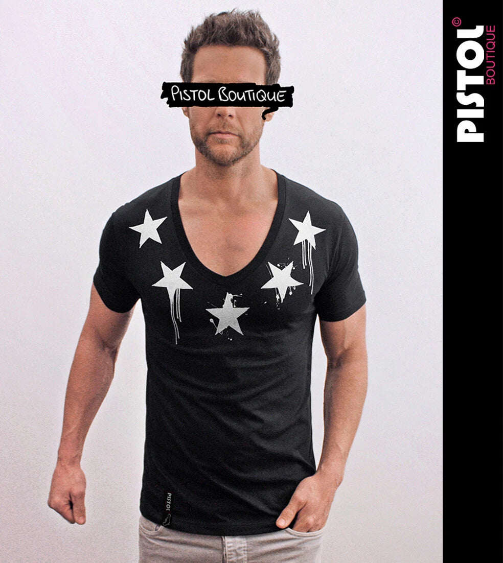 Pistol Boutique Men's Fitted Black Deep V Neck CHEST NECK PAINT STARS T-shirt