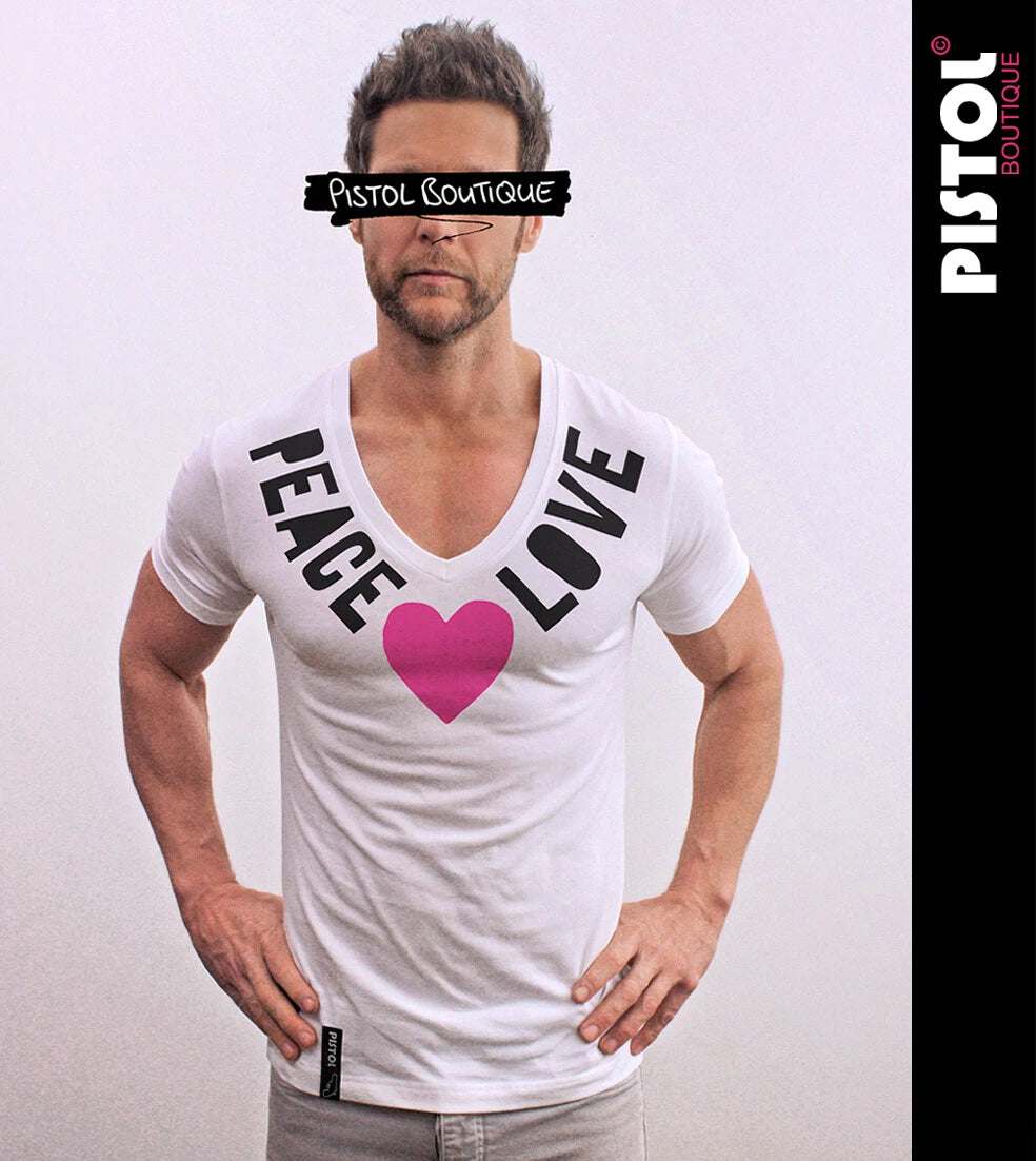 Pistol Boutique men's White Fitted Deep V neck PEACE & LOVE CHEST HEART T-shirt