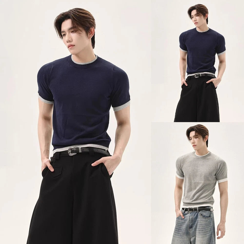 Light Mature Style Knit T Shirt for Men Slim Fit Short Sleeve Pullover