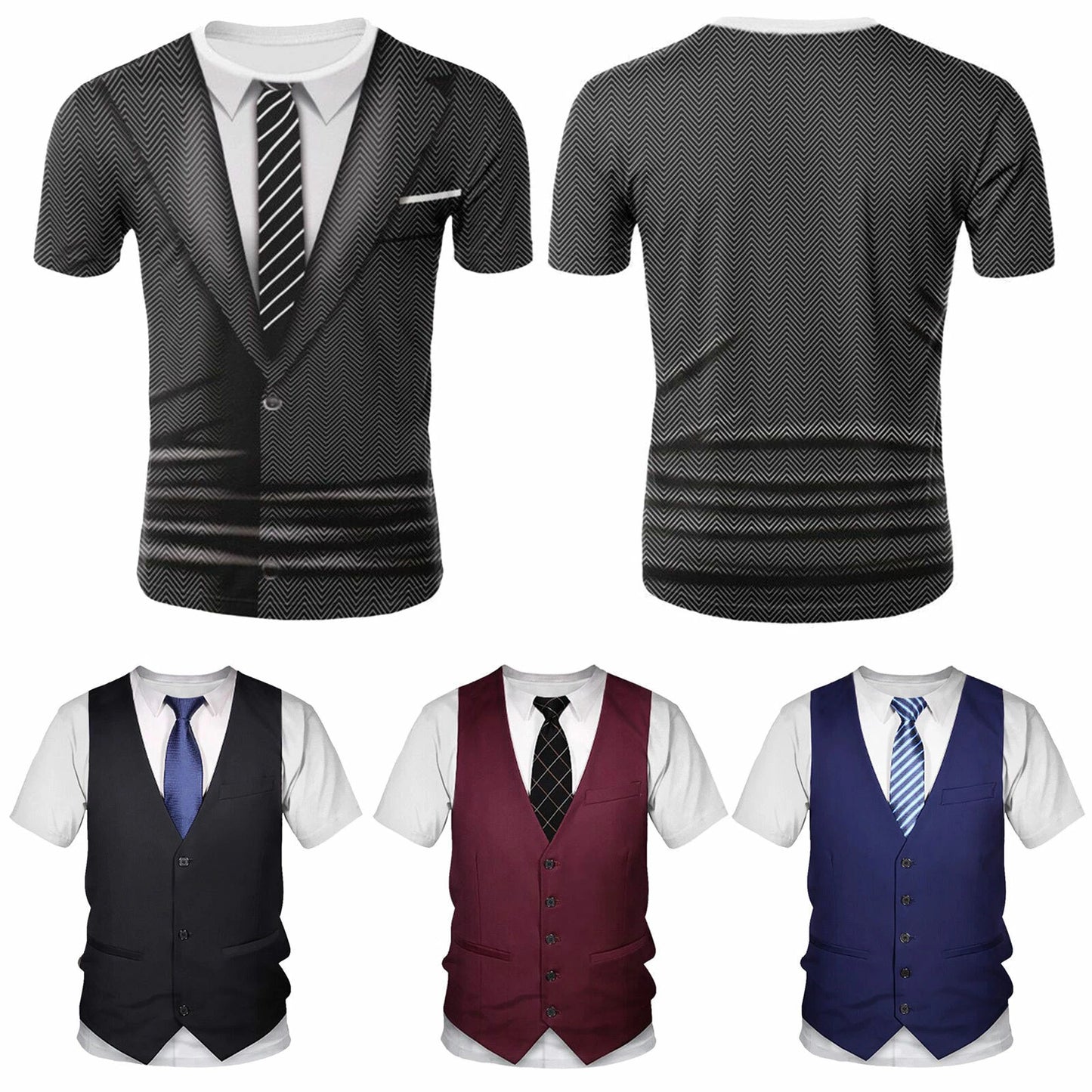 Mens Short Sleeve Fake Suit Vest Tuxedo Bow Tie Slim Fit Shirt for Wedding Party