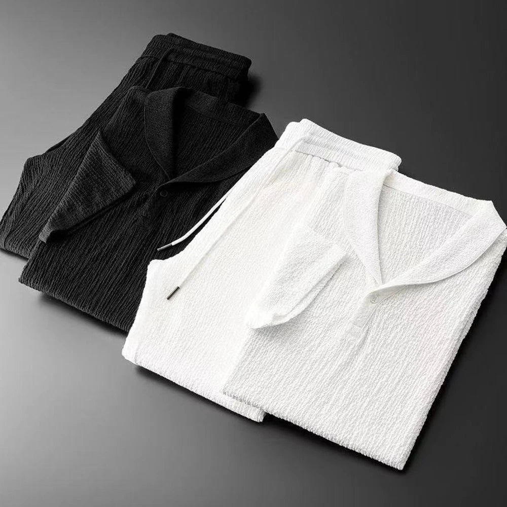 Men's Casual Two-Piece Suit Set Polyester Short Sleeve Top and Long Trousers