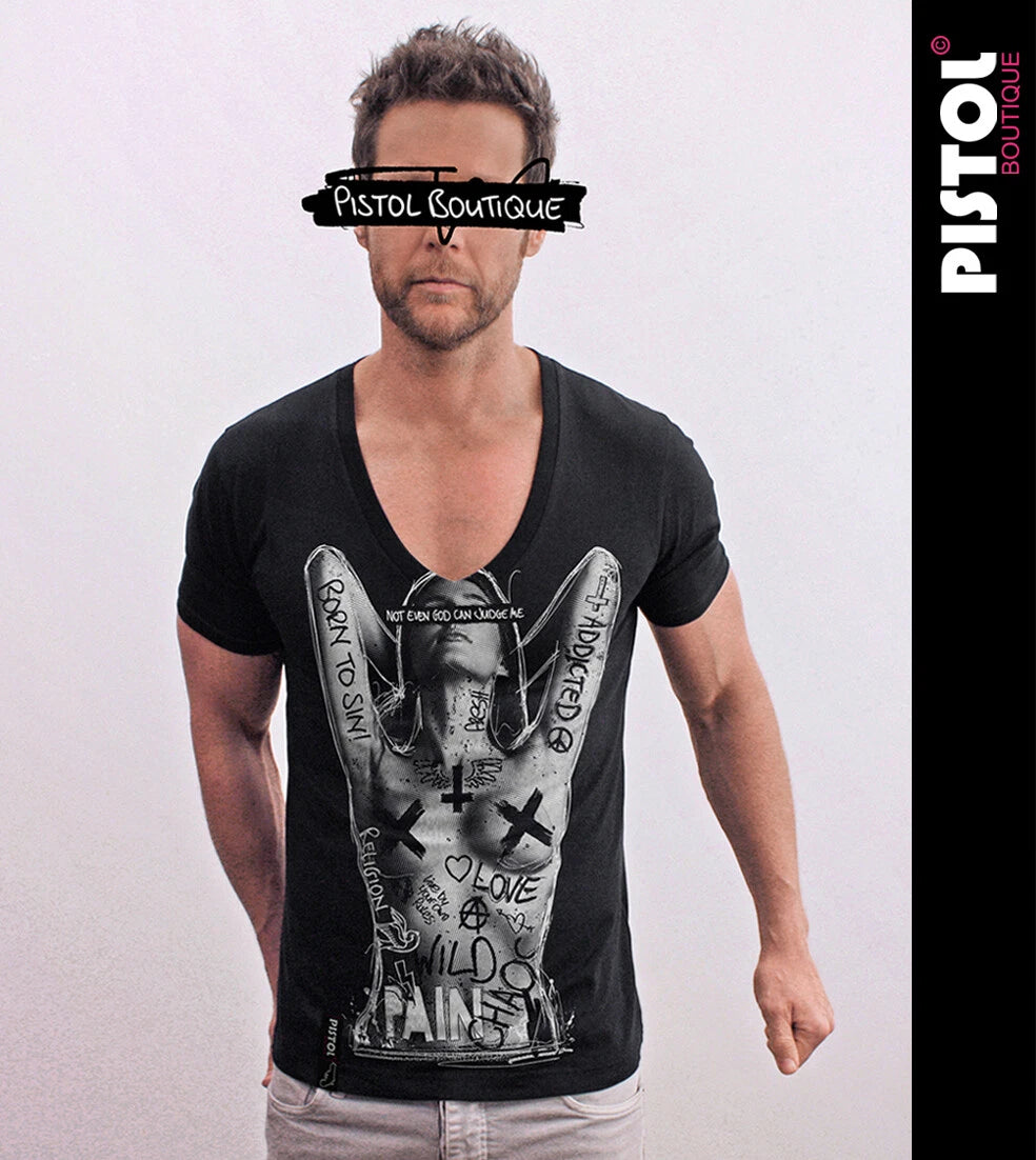 Pistol Boutique Men's Fitted Black Deep V Neck NAKED TATTOO GIRL T-shirt