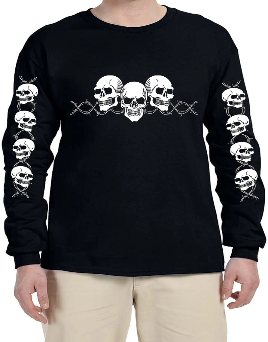 Skull Biker Tattoo Style Graphic Design Long Sleeve T-Shirt Long Arm Shirt