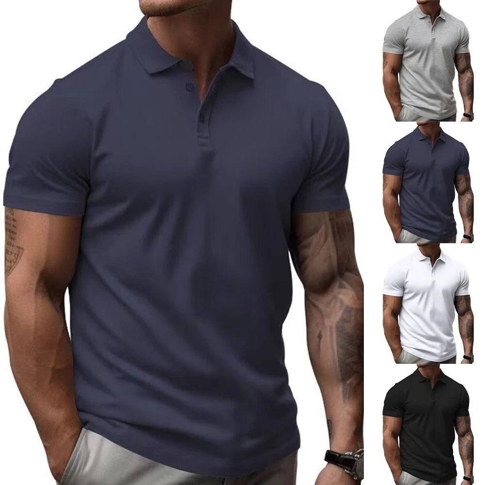 Casual Slim Fit Men Short Sleeve T Shirt Turn Down Collar Polyester Spandex