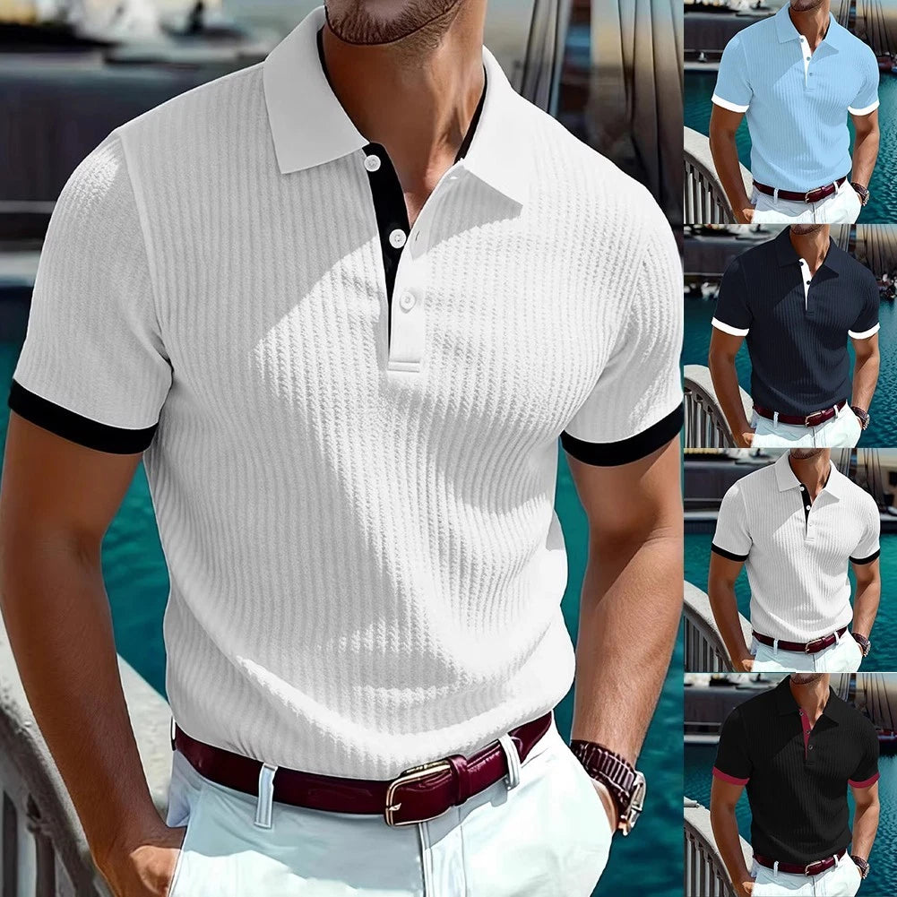 Men Slim Fit Short Sleeve Stripe T Shirt Turn Down Collar Casual Regular Top