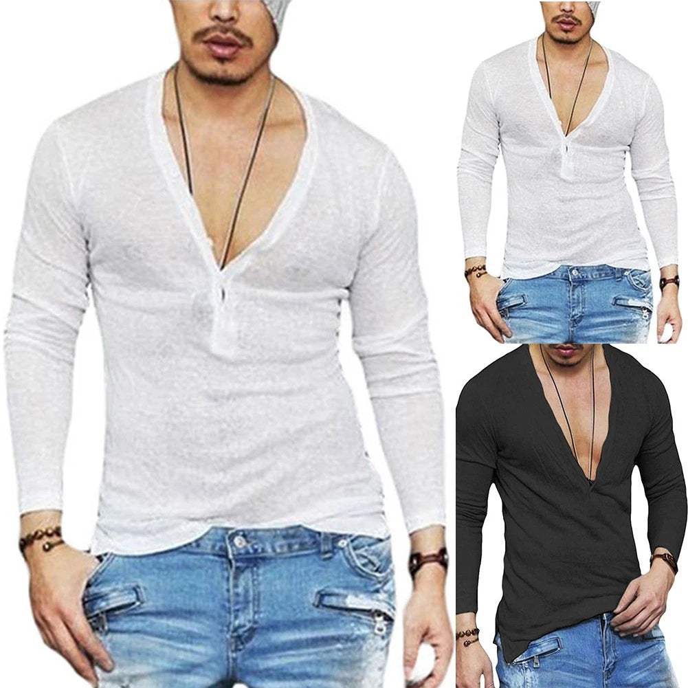 Stylish Men's Slim Fit V Neck Long Sleeve T shirt Button Tops Tee Blouse M 2XL