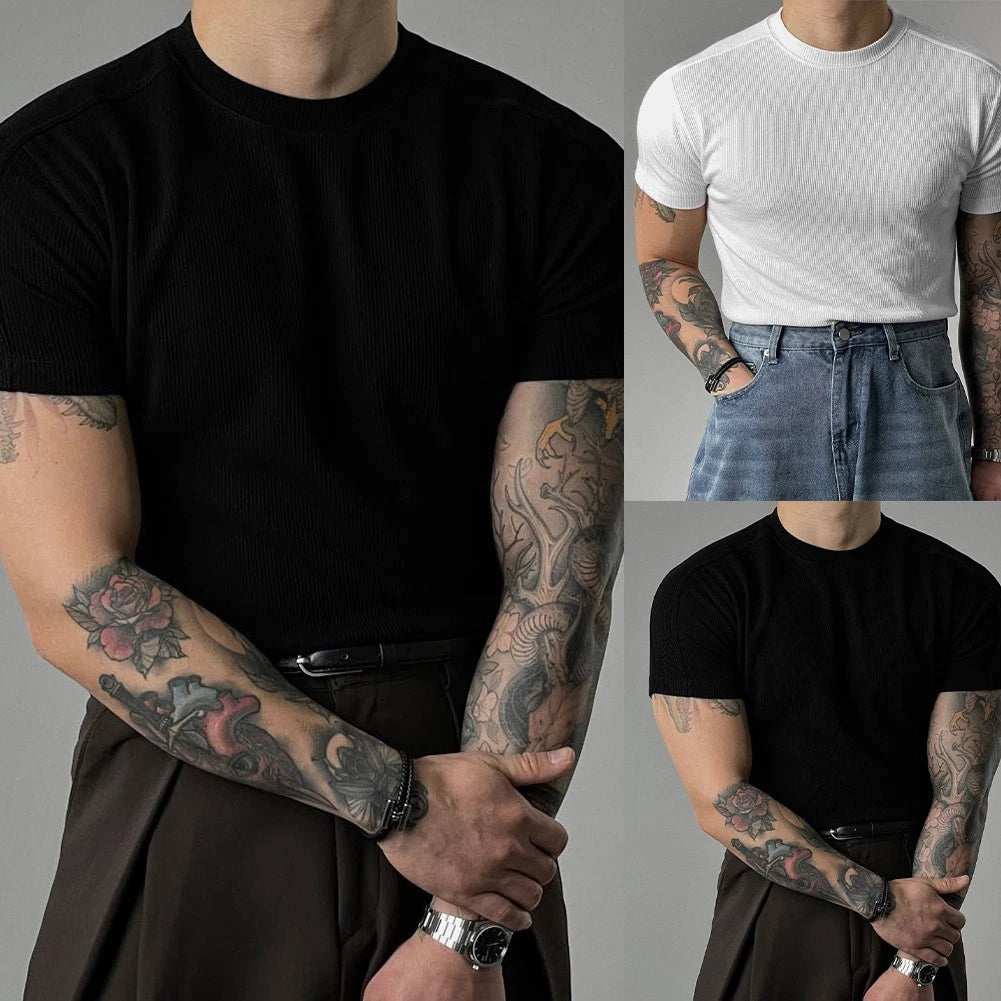 Men's Ribbed Knit T-Shirt Short Sleeve Small High Collar Slim Fit Training Top