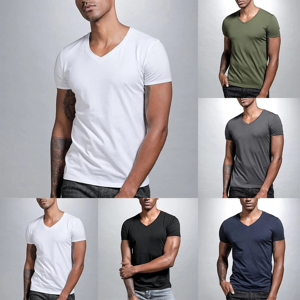 Men's V Neck Polyester Tee Top Short Sleeve for Slim Fit Summer Activewear