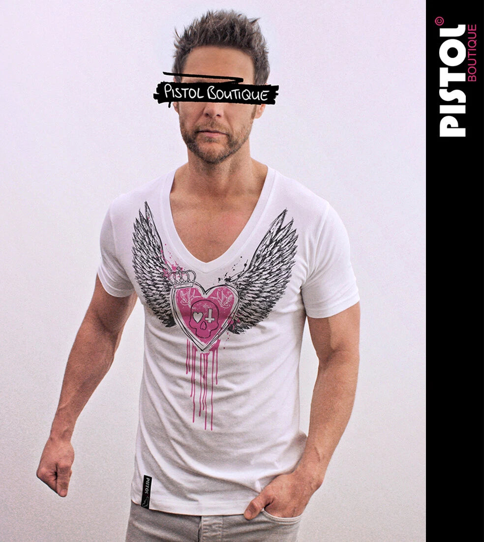 Pistol Boutique Men's White Cotton T-Shirt Deep V-Neck Fitted Skull Heart Wings