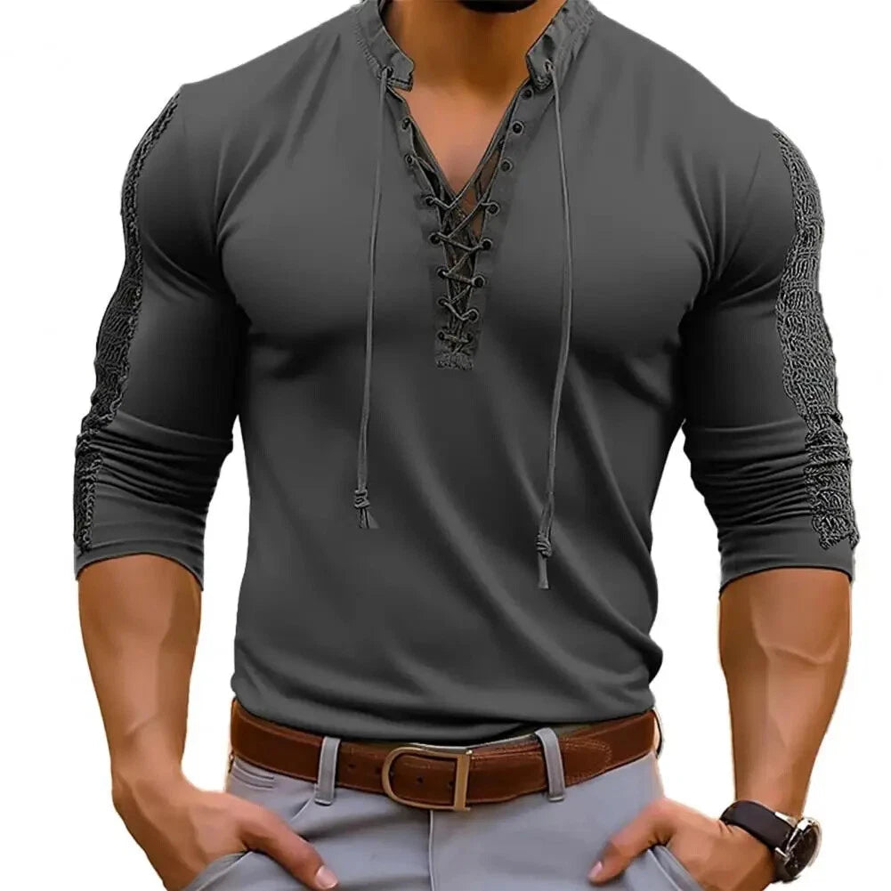 Slim Fit V-Neck Long Sleeve Muscle Tops High Elastic Lace-Up Gym Fitness Shirt