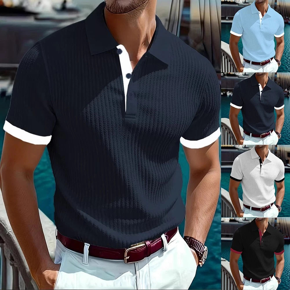 Men's Slim Fit Short Sleeve Stripe T-Shirt Turn Down Collar Pullover Streetwear