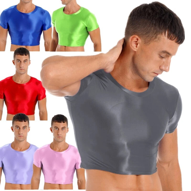 AU Mens Oil Glossy Crop Top Stretchy Short Sleeve Slim Fit T-Shirts Sports Vest