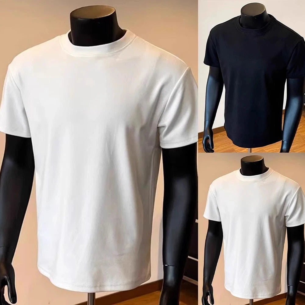 Polyester Men's T Shirt Short Sleeve Round Neck Slim Fit Solid Color Pullover