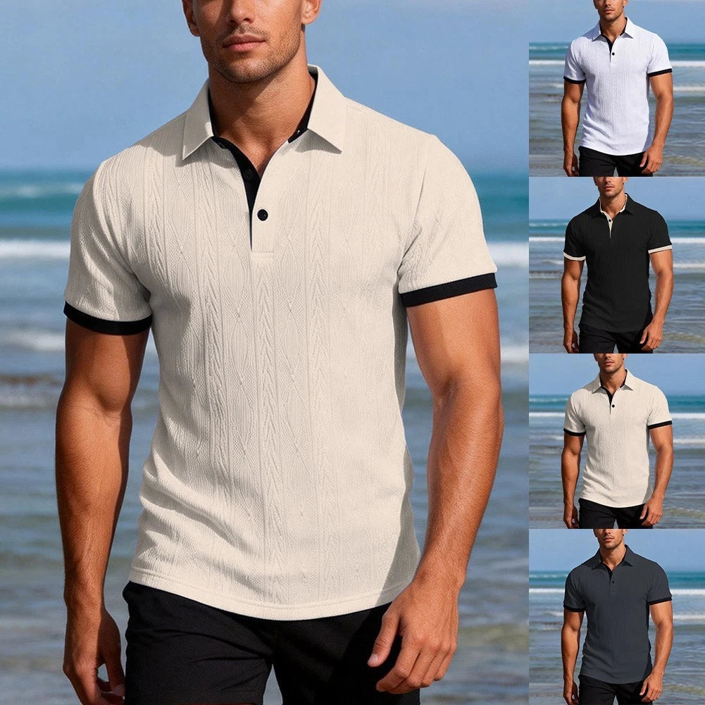Men's Button-Down Short Sleeve Jacquard Slim Fit T-Shirt Streetwear Top