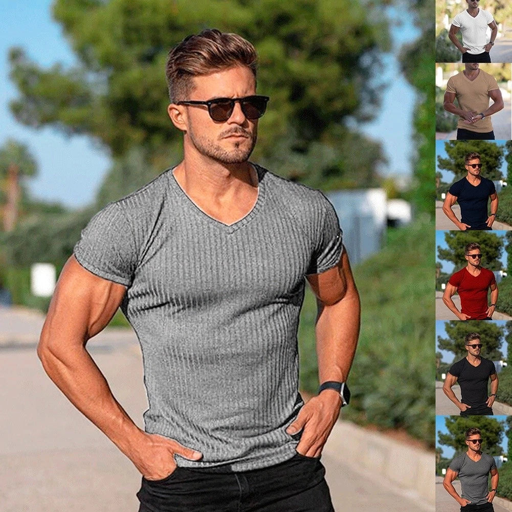 Summer Gym Workout Polyester Men's V Neck For slim Fit T Shirt Breathable Solid