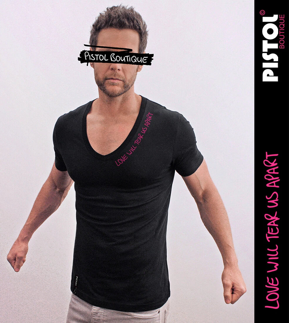 Pistol Boutique Herren Slim Fit Schwarzes T-Shirt Mit Tiefem V-Ausschnitt