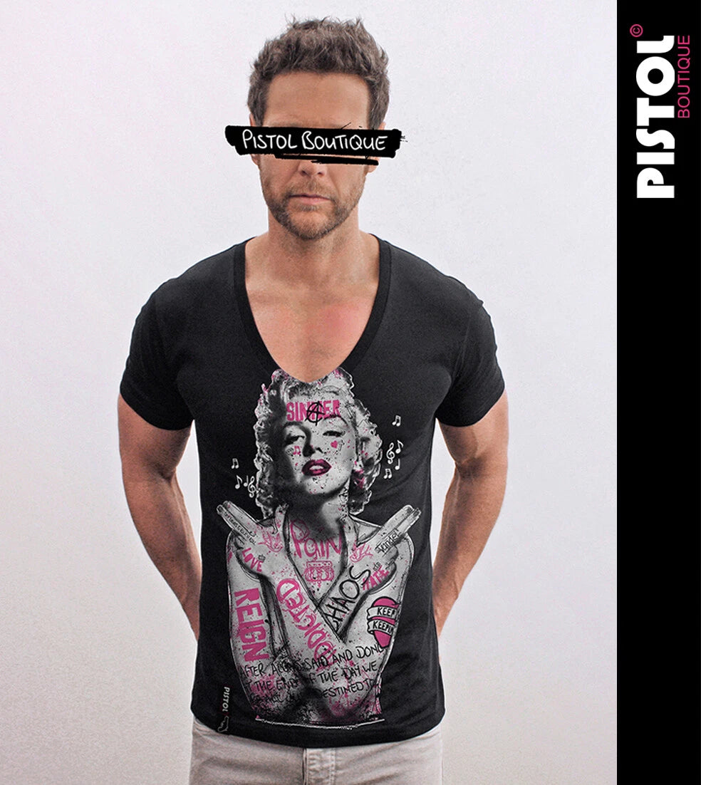 Pistol Boutique Men's Black Tattoo Marilyn Monroe Deep V-Neck Fitted T-Shirt