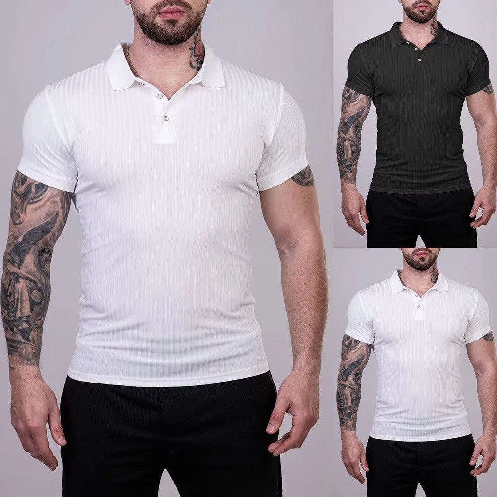 Men's Streetwear Ribbed Short Sleeve Pullover T-Shirt Slim Fit Turn Down Collar