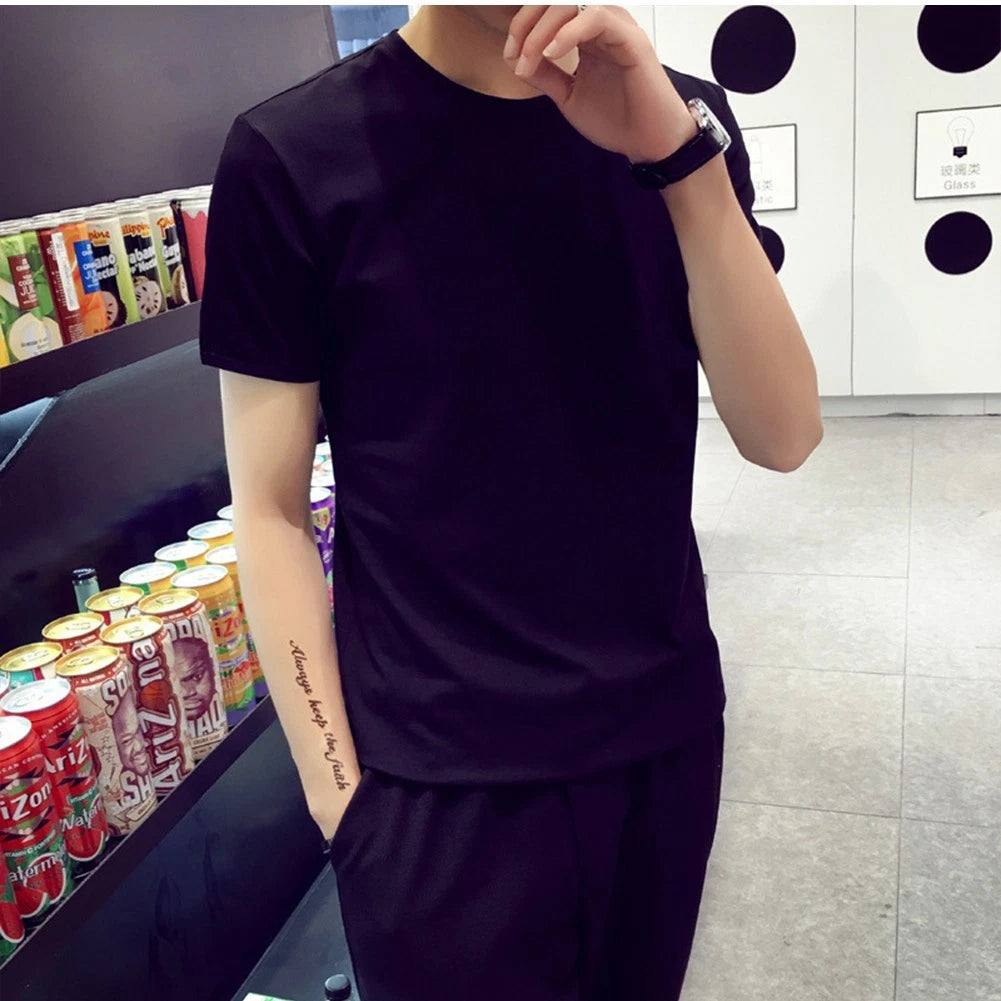 Short Sleeve Shirt Men Shirt Short Sleeve Slim Fit Solid Color Street Round Neck