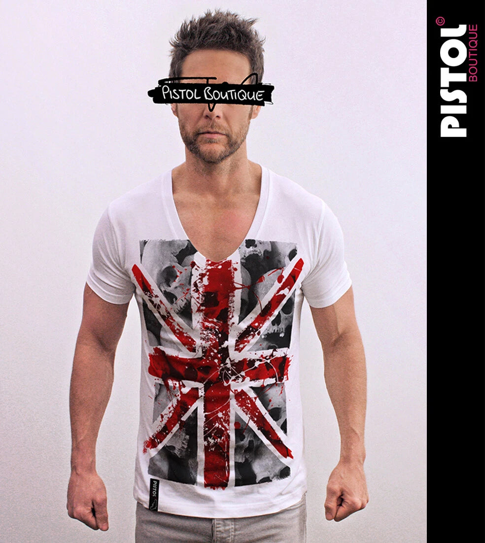 Pistol Boutique Men's Fitted White Deep V Neck UNION JACK BLOOD SKULLS T-shirt