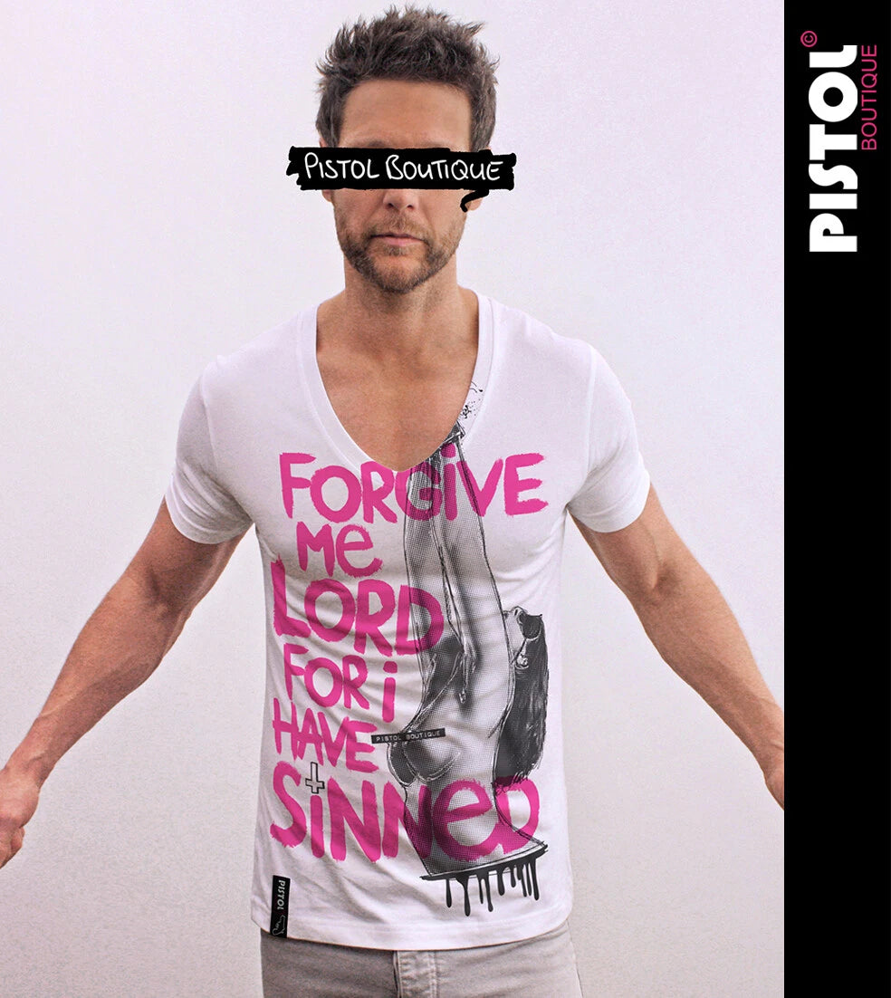 Pistol Boutique Herren Slim Fit Weißes Deep V-Neck T-Shirt FORGIVE ME LORD