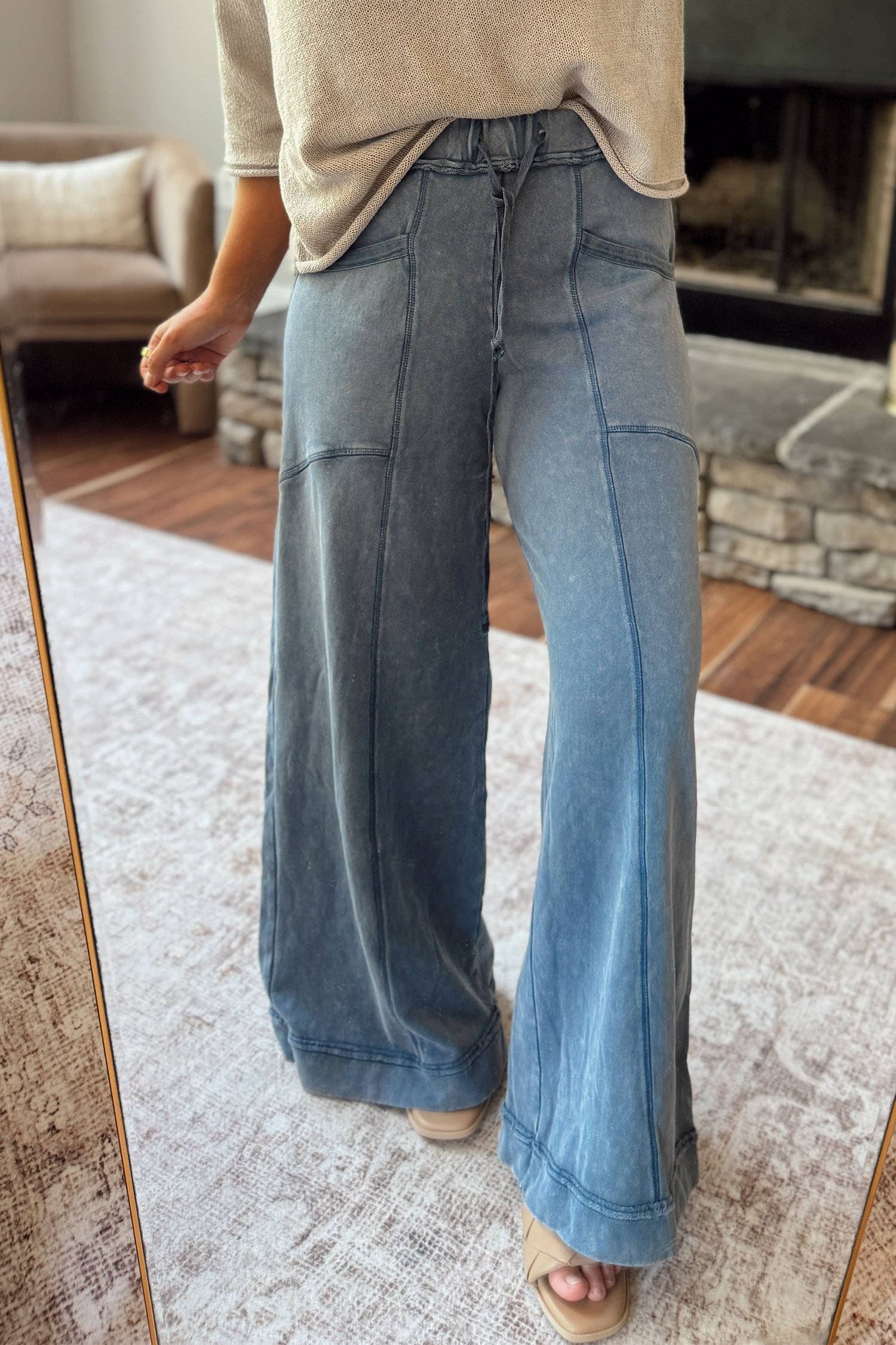 66 Mineral Wash Seam Flare Leg Drawstring Pants (S-Xl)