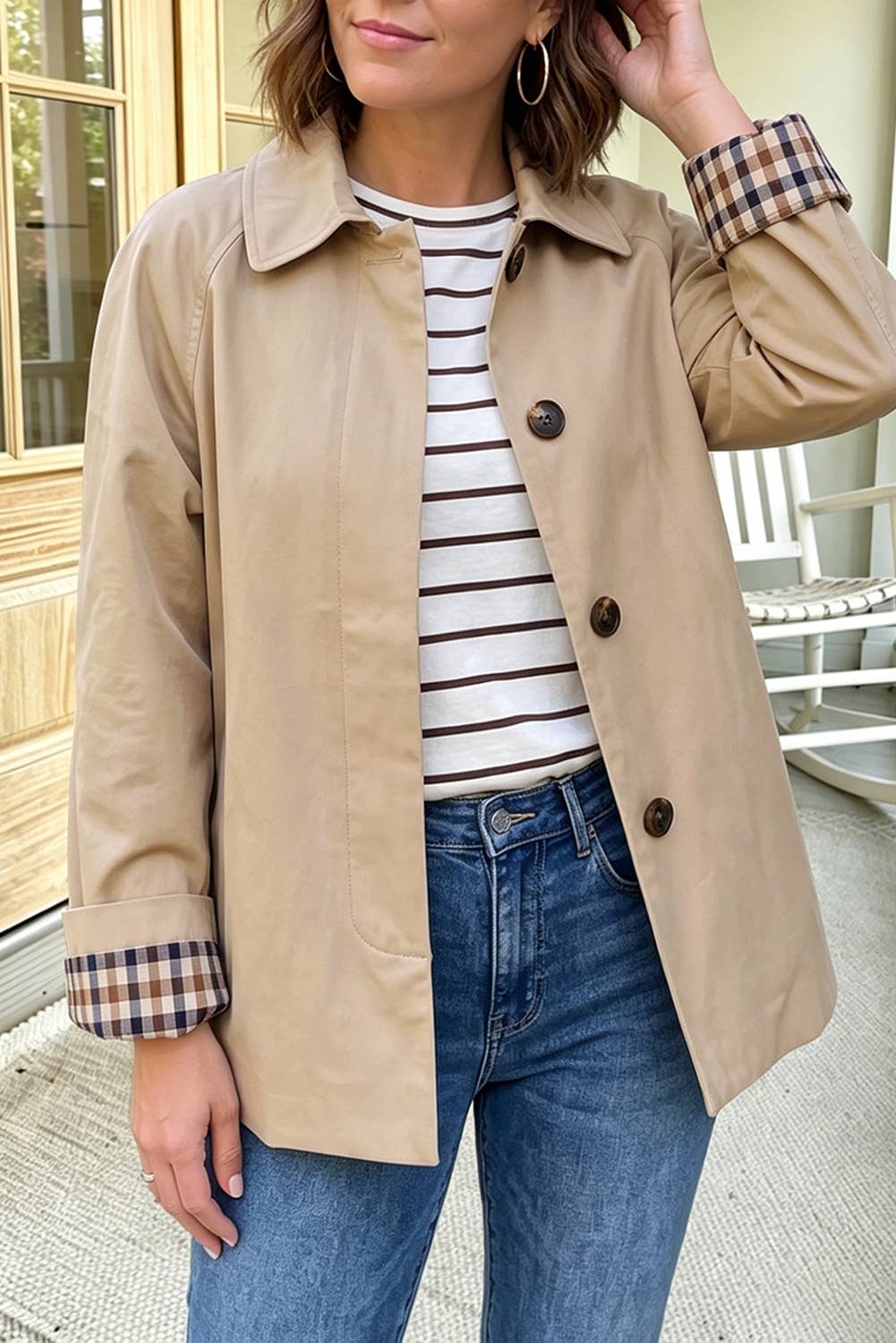 Parchment Plaid Liner Single Breasted Trench Coat (S-Xl)