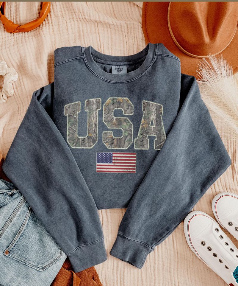 USA Flag Comfort Colors Camo Sweatshirt, Vintage Woodland Camo America Shirt, Trendy Patriotic Tee, 250th Birthday Gift