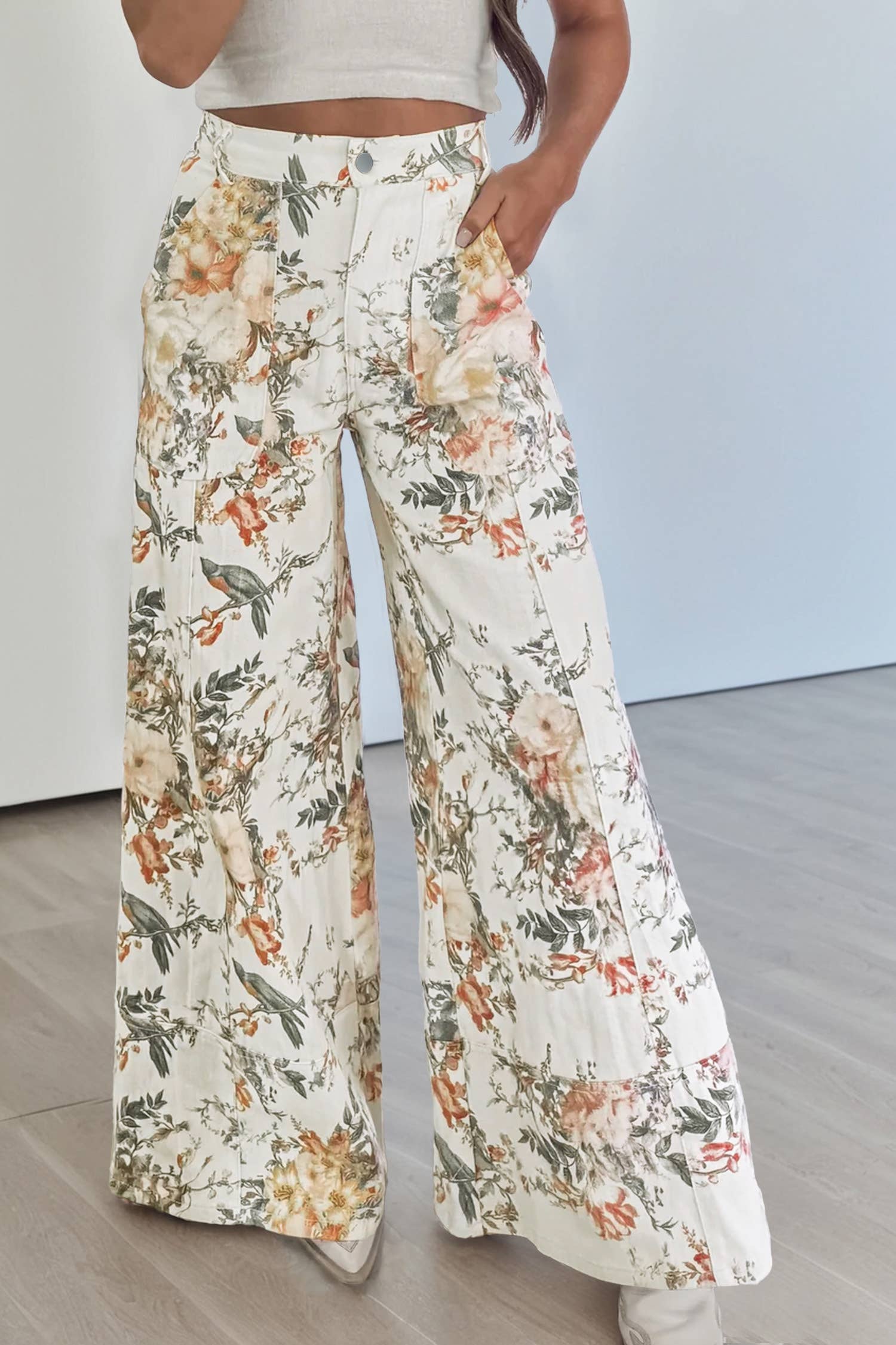 Floral Print High Waisted Wide Leg Denim Jeans