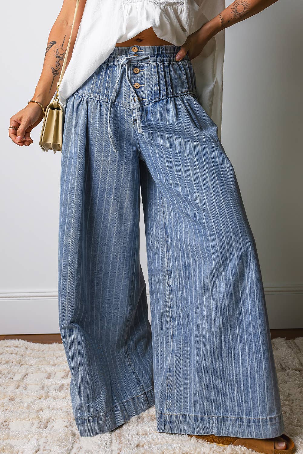 66 Plus Size Button Pleated Drawstring Waist Wide Leg Jeans