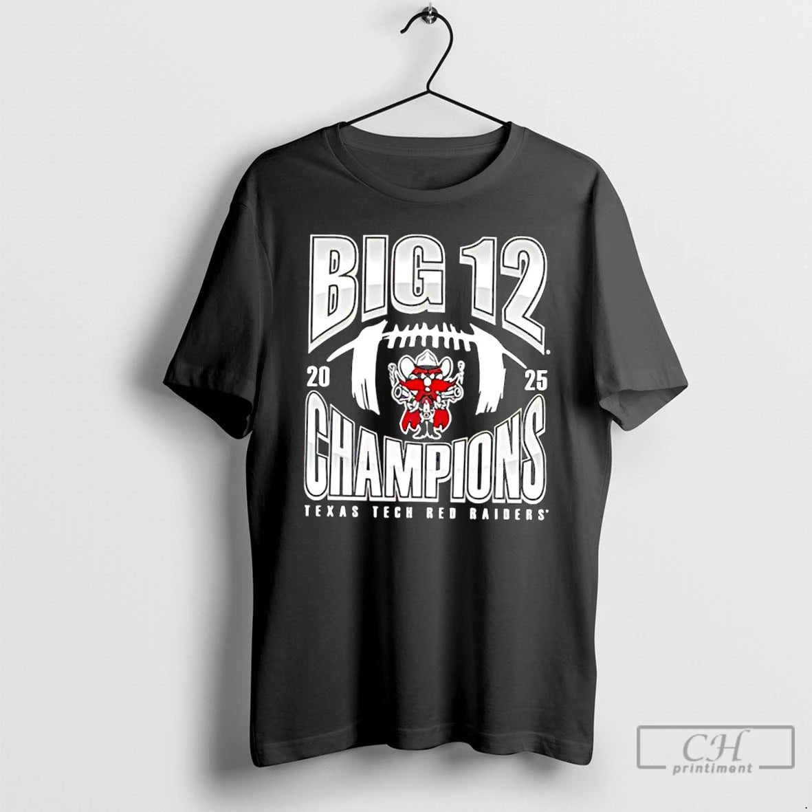 Classic Texas Tech Red Raiders Black 2025 Big 12 Football Champions Mascot T Shirts Sweater