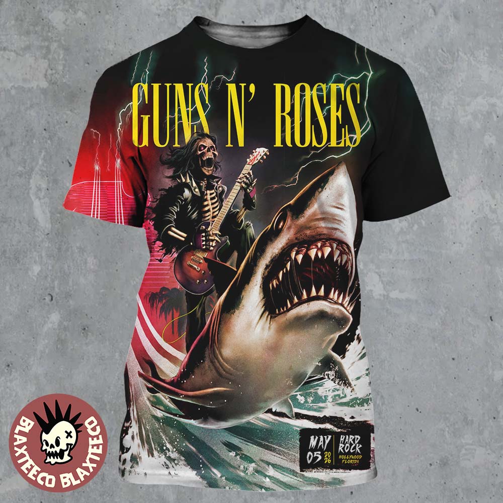 Guns N Roses Hollywood Florida 2026 Night 2 Venue Poster At Hard Rock On May 5 2026 Skeleton Riding Shark Art All Over Print Shirt