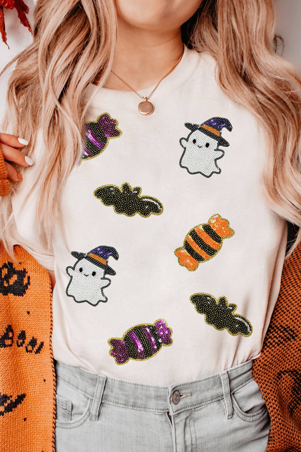 Sequined Halloween Spirit Pattern Patched Custom Tee (S-3XL)