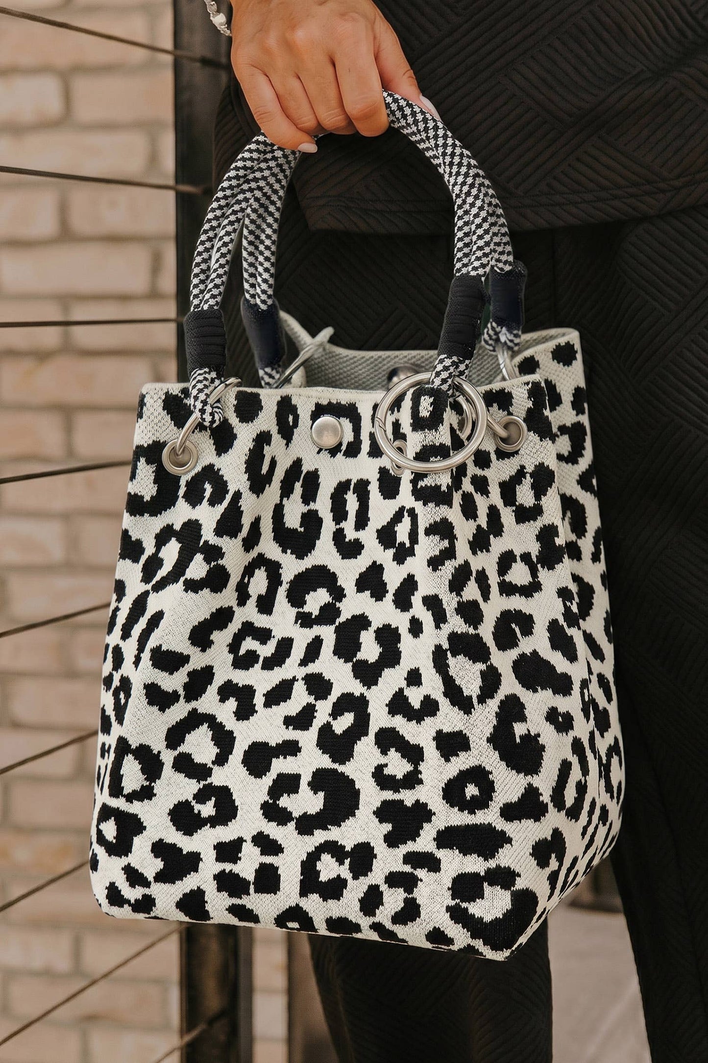 Leopard Print Polyester Woven Thick Handle Tote Bag