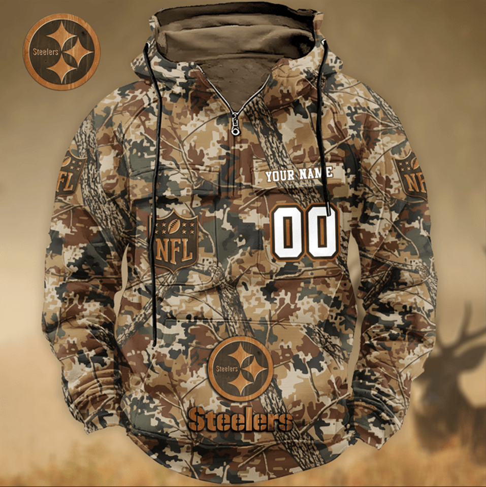 Pittsburgh Steeler Custom Name Number Camo Huntin' 3D Cargo Hoodie