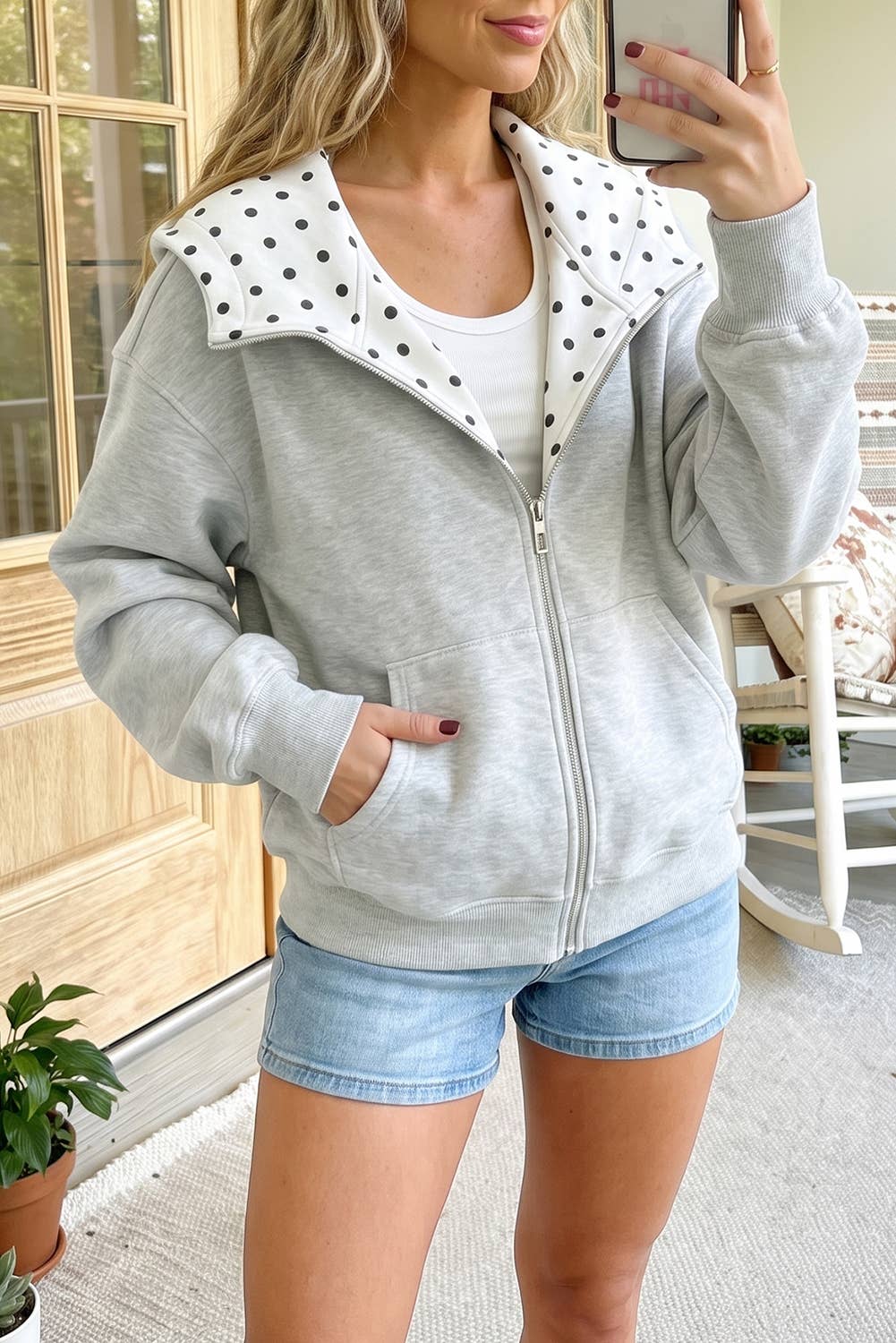 Polka Dot Hooded Zip-Up Casual Oversized Sweatshirt (S-Xl)