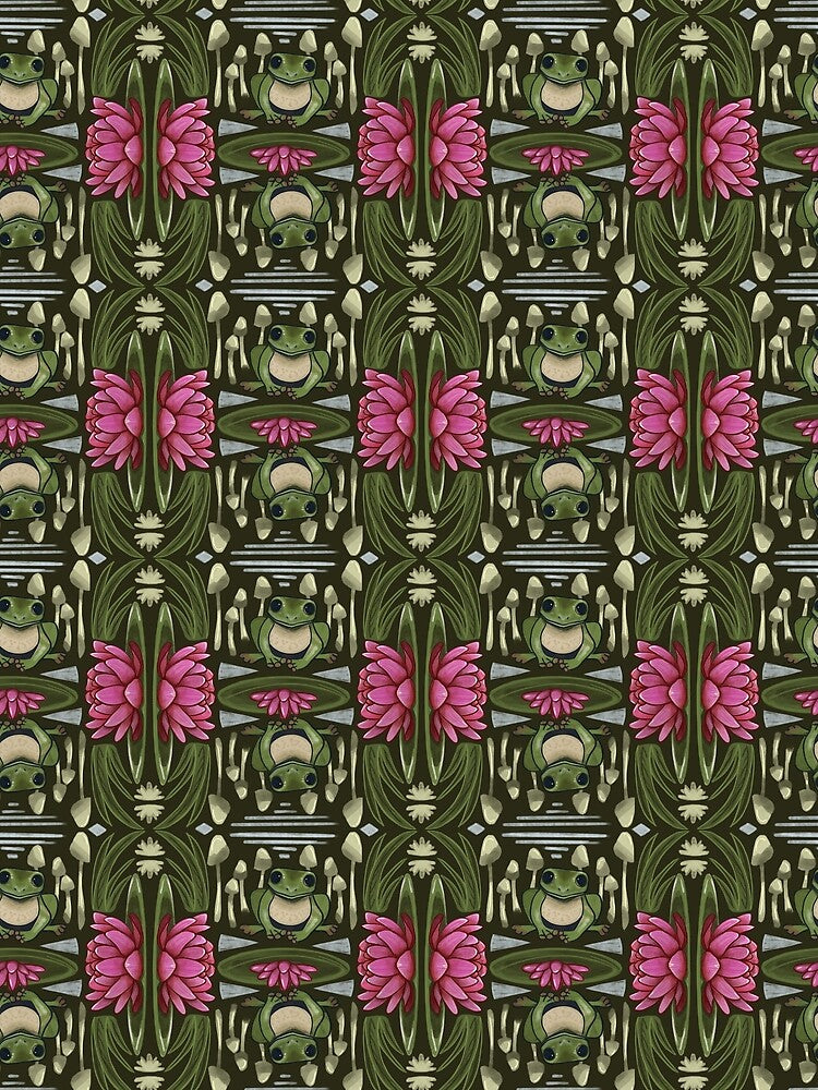 Cottagecore Frog Seamless Pattern – Whimsical Mushrooms, Lilies, and Nature Aesthetic by Dee-Stroud