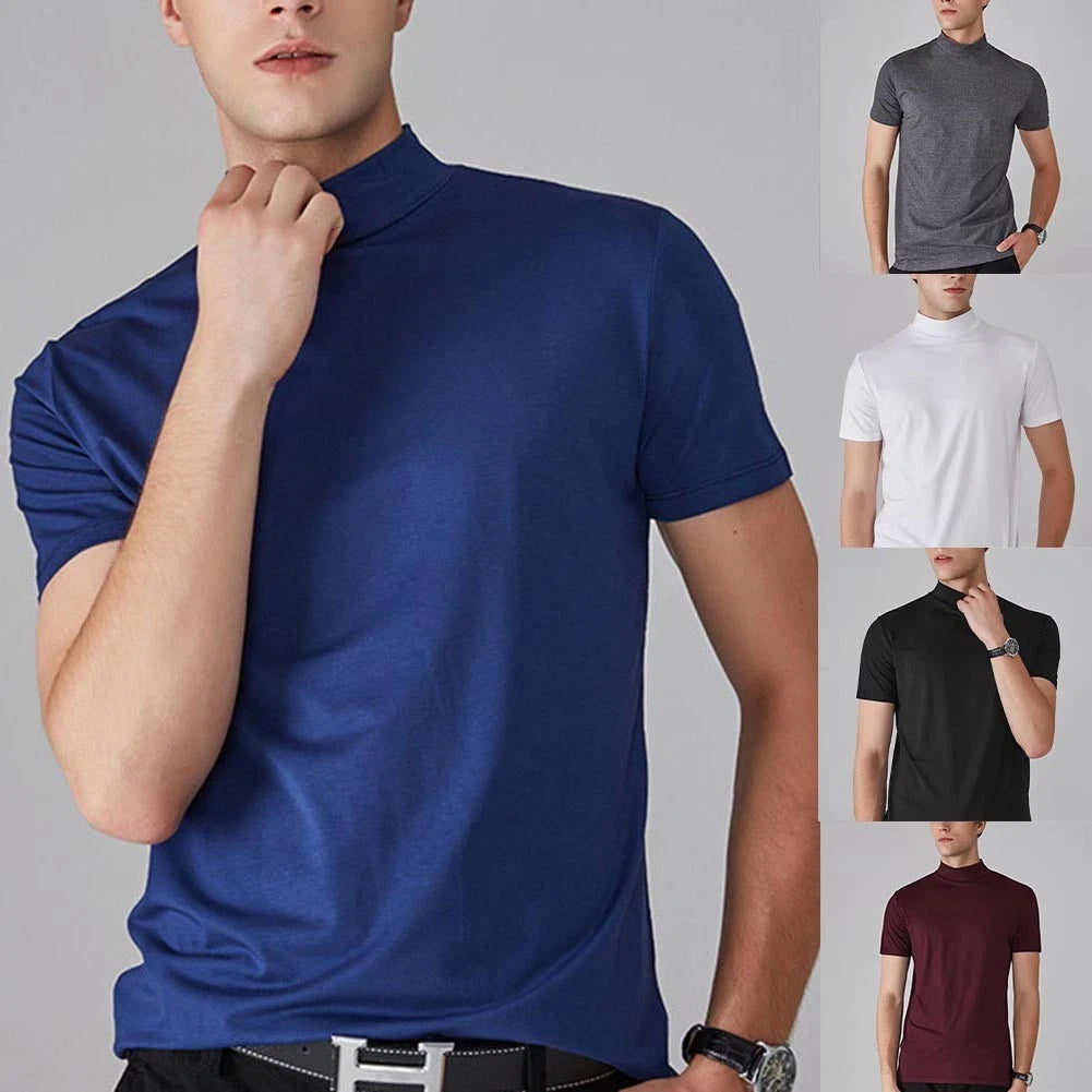 Men's Casual T Shirt Short Sleeve Slim Fit Half High Neck Solid Summer Wear