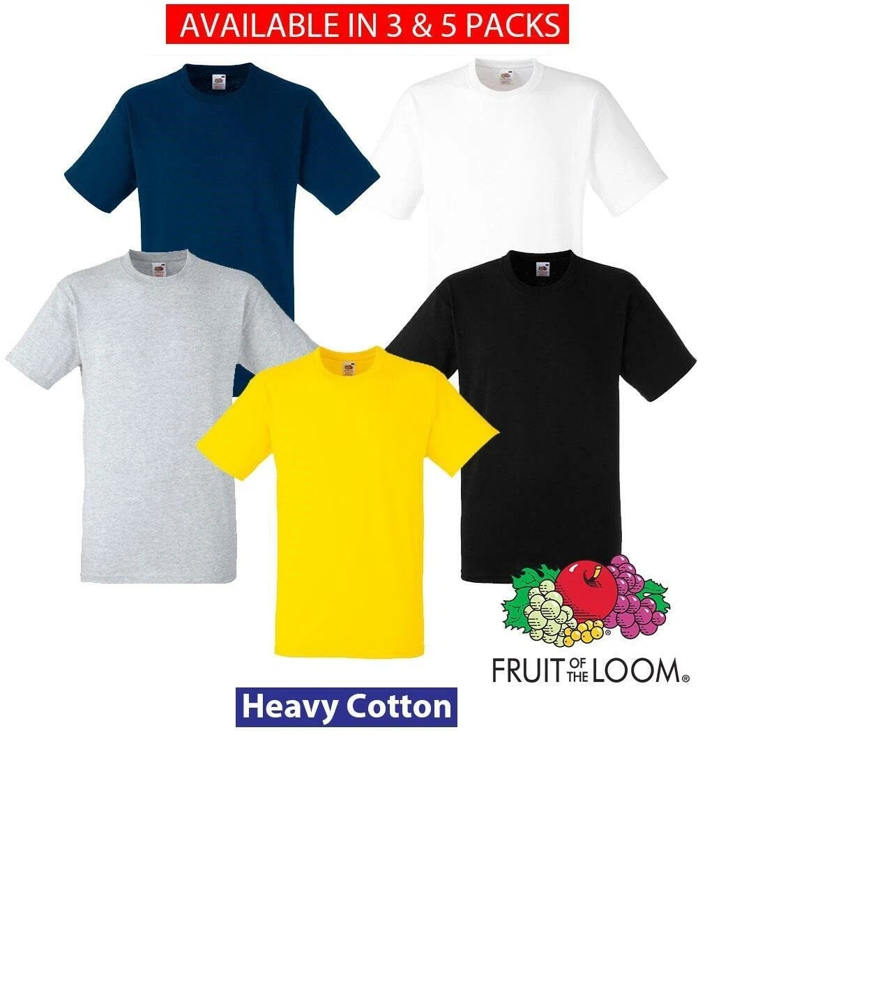 Mens Heavy Cotton Tee Plain Casual Crew T Shirt 3 & 5 Pack Fruit Of The Loom Tee
