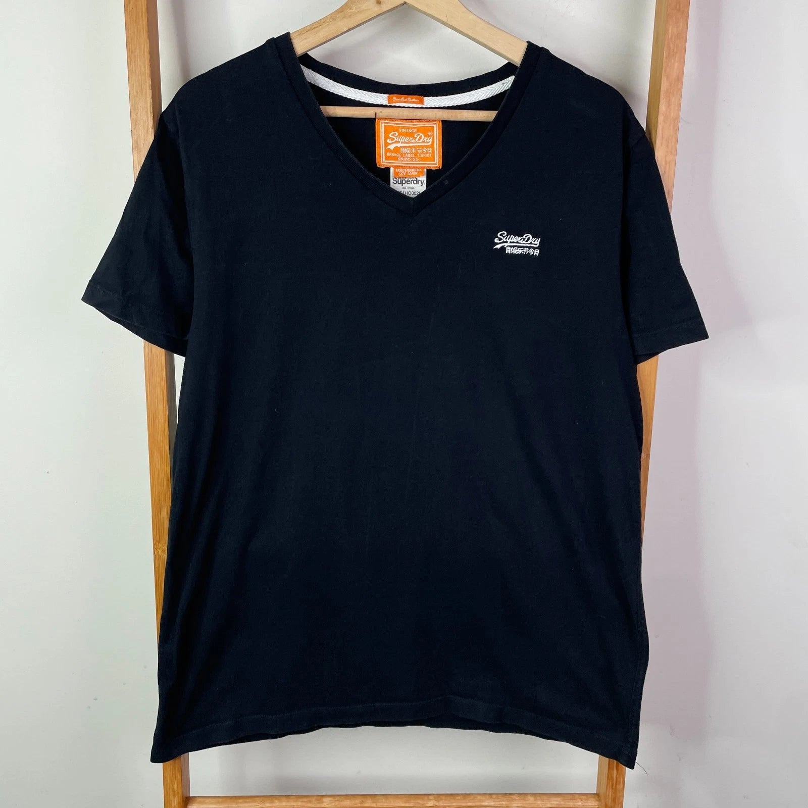 Superdry V Neck Shirt Mens Large Black Combed Cotton Embroidered Logo