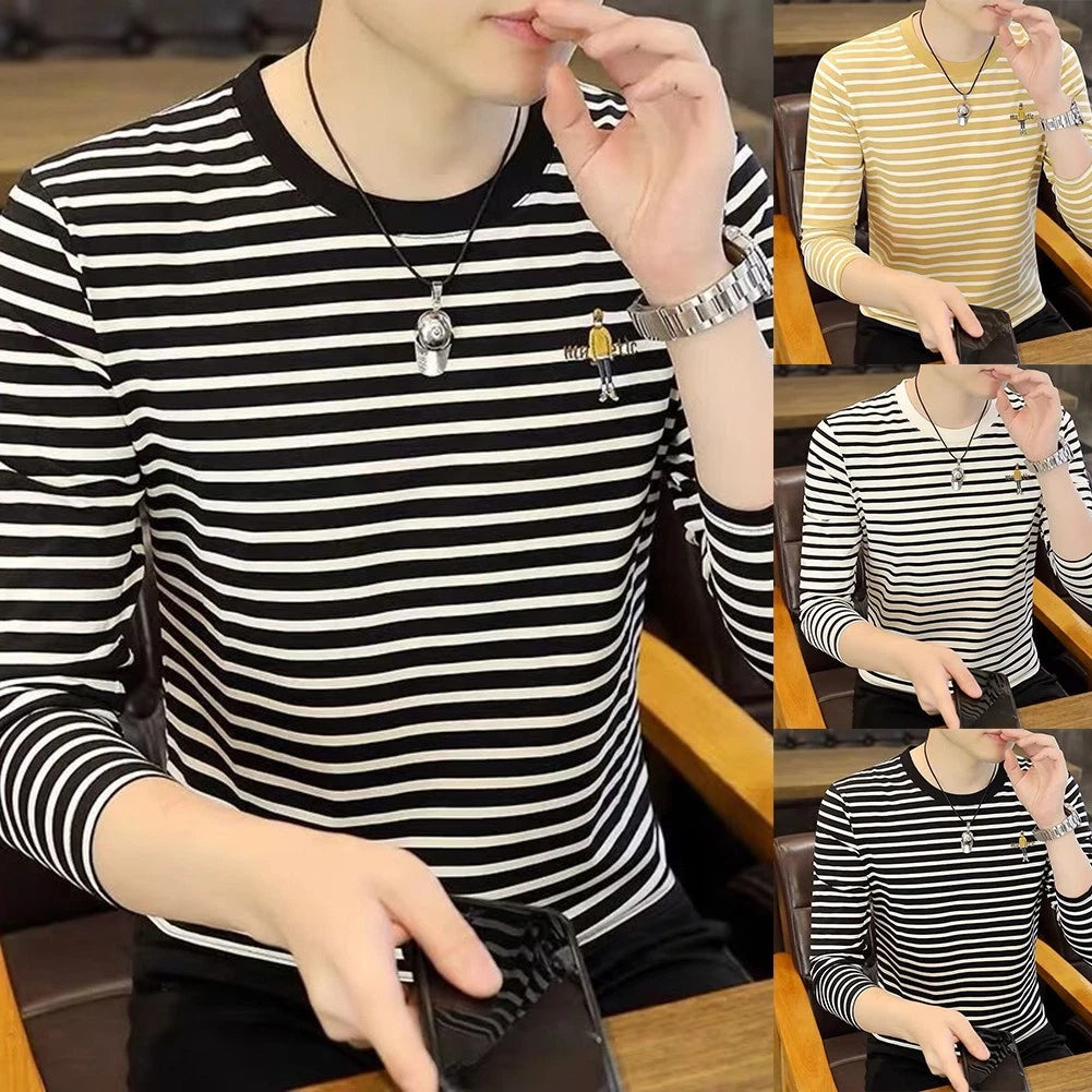 Men's Slim Fit Stripe Round Neck Long Sleeve Polyester Spandex T-Shirt