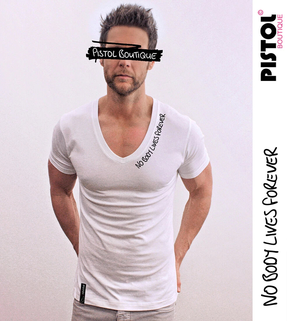 Pistol Boutique Men's Fitted White Deep V Neck NOBODY LIVES FOREVER T-shirt
