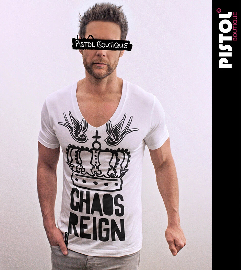 Pistol Boutique Men's Slim Fit White Deep V-Neck Chaos Reign T-Shirt