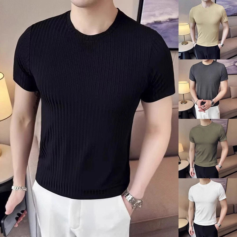 Slim Fit T-Shirt Slim Fit Crew Neck Ribbed Thin 96%Polyester+4%Spandex