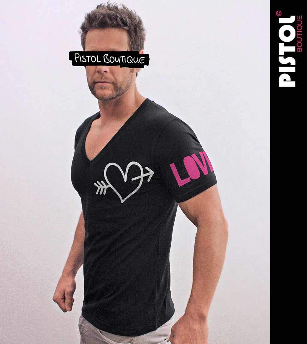 Pistol Boutique Men's Black Cotton Deep V Short Sleeve Fitted T-Shirt